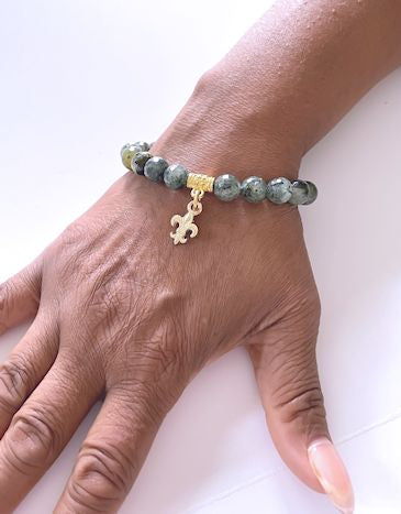Moss Agate Stretch Bracelet with Gold Fleur De Lis Charm