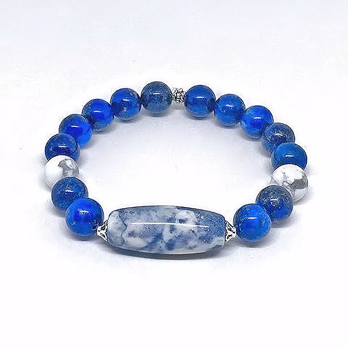 Lapis Lazuli Stretch Bracelet Accented with Blue and White Barrel Stone