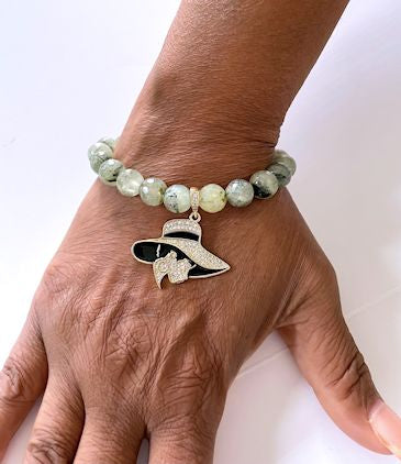 Prehnite Stretch Bracelet with Pave Lady with Hat Charm