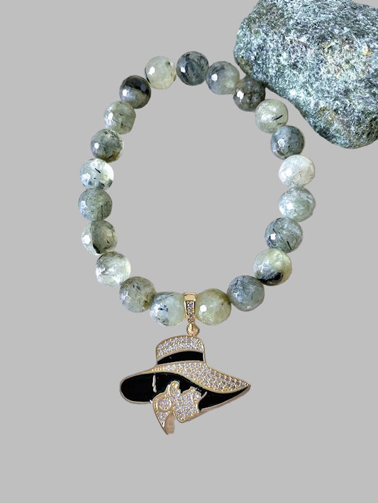 Prehnite Stretch Bracelet with Pave Lady with Hat Charm