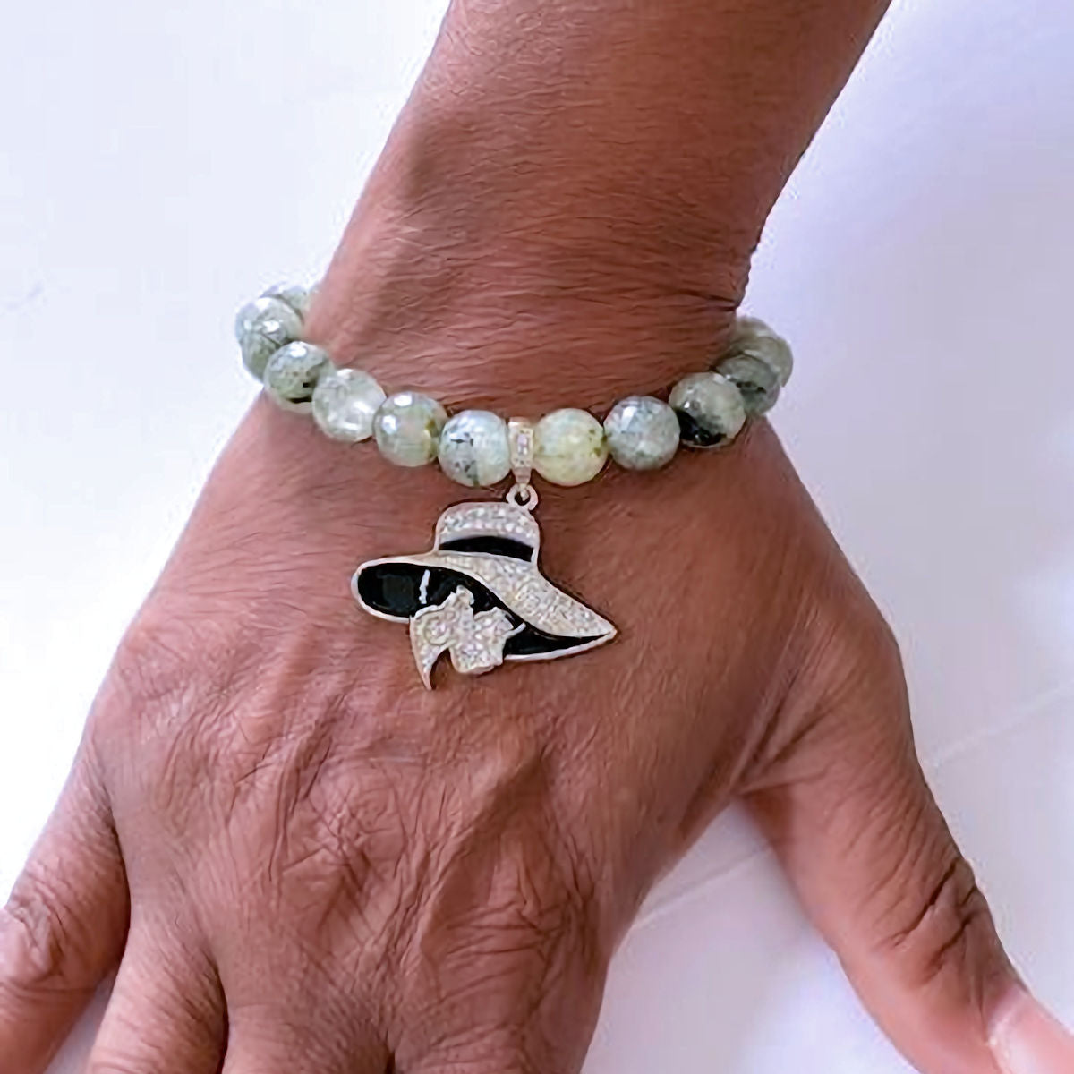 Prehnite Stretch Bracelet with Pave Lady with Hat Charm