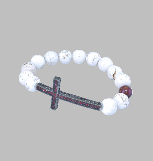 Natural Cream Howlite Stretch Bracelet with Pave Ruby Cross