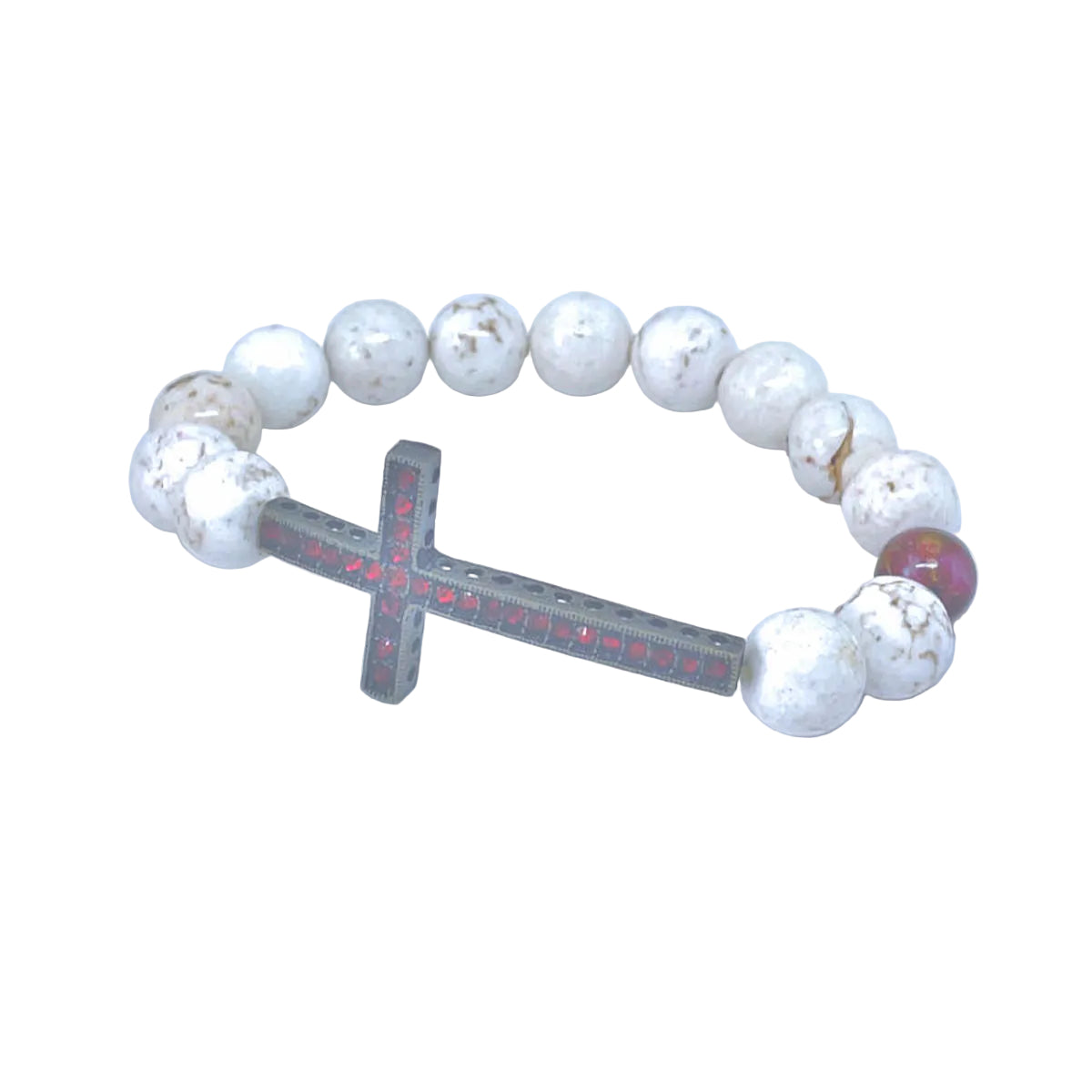 Natural Cream Howlite Stretch Bracelet with Pave Ruby Cross