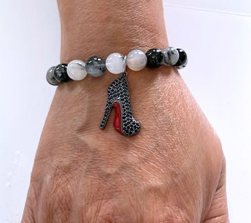 Black Rutilated Stretch Bracelet with Pave Black Stiletto Heel Charm