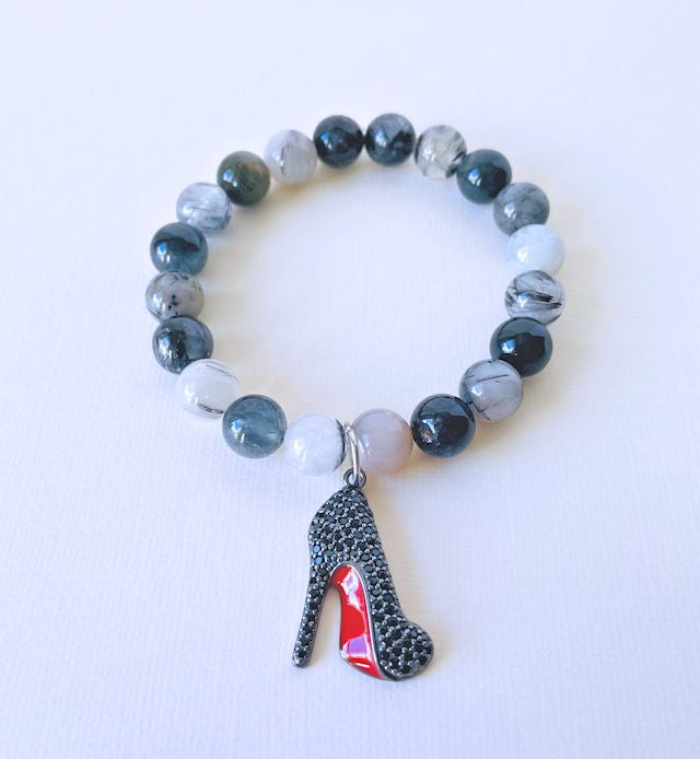 Black Rutilated Stretch Bracelet with Pave Black Stiletto Heel Charm