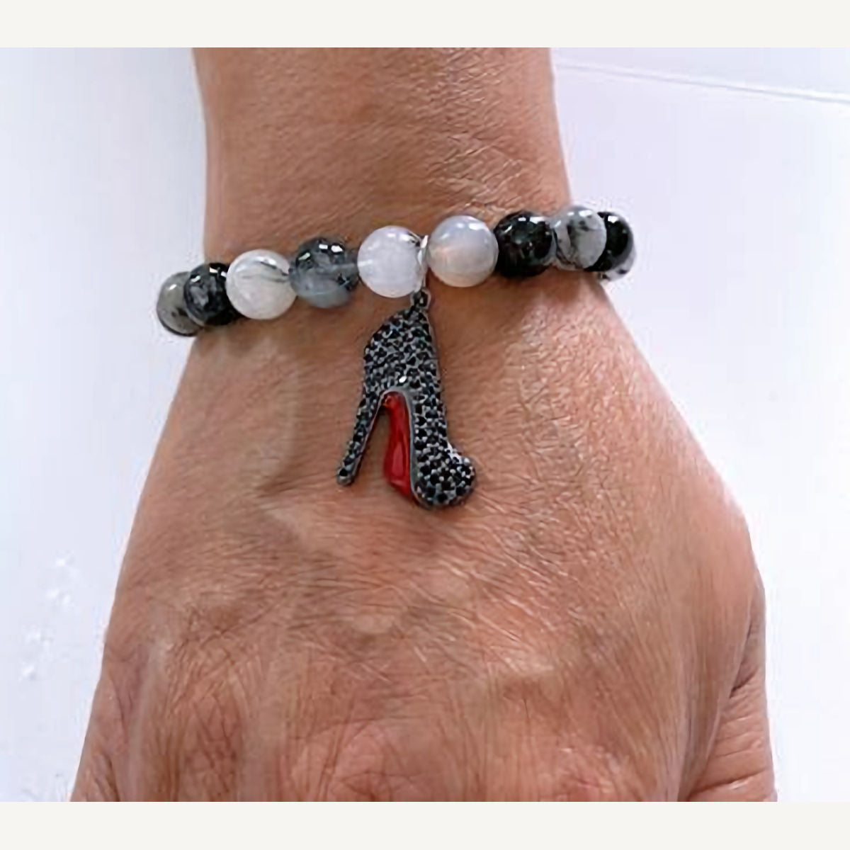 Black Rutilated Stretch Bracelet with Pave Black Stiletto Heel Charm