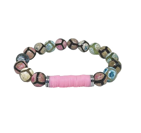 Mixed Color Fire Agate Stretch Bracelet with Pink Vinyl Heishi Beads