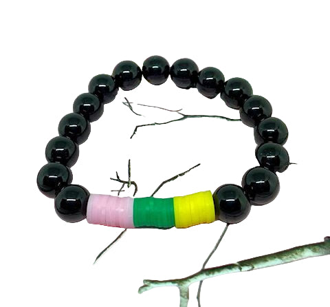 Black Onyx Stretch Bracelet Accented with Pink, Green and Yellow Vinyl Spacers