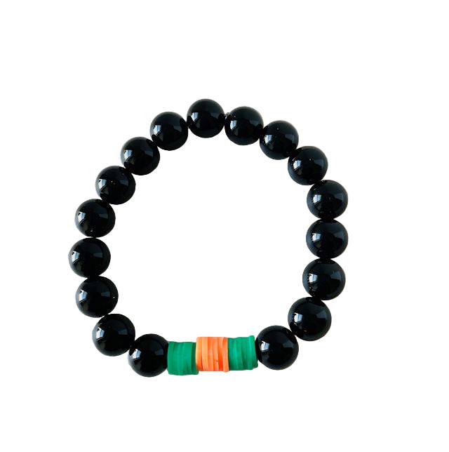Black Onyx Stretch Bracelet with Green and Orange Vinyl Spacers