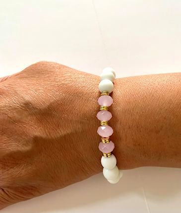 White Agate Stretch Bracelet with Rose Quartz Beads