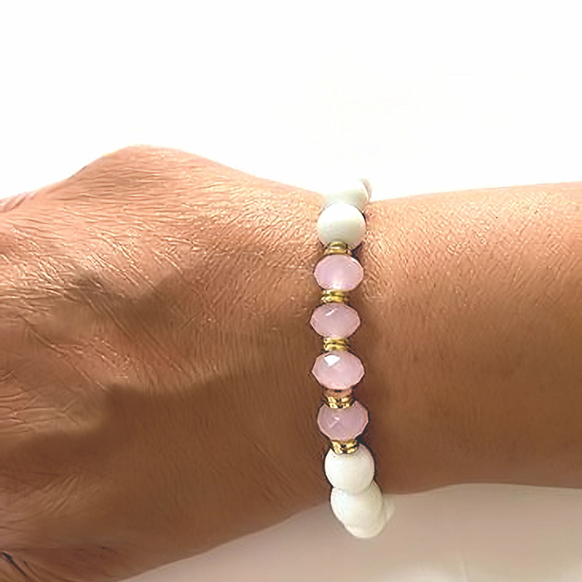 White Agate Stretch Bracelet with Rose Quartz Beads