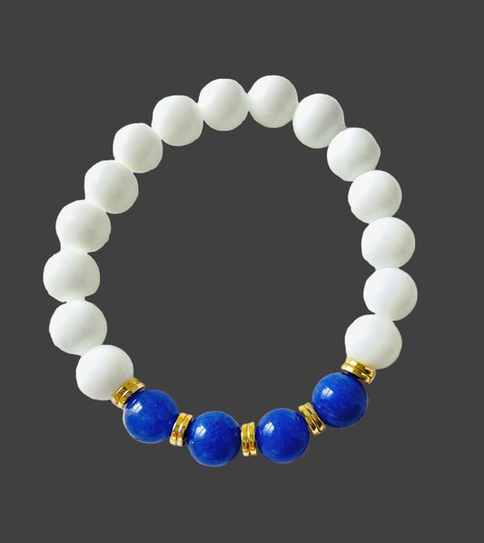 White Agate Stretch Bracelet with Blue Agate Beads