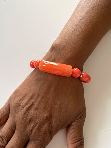 Orange Coral Stretch Bracelet with Acrylic Tube Spacer