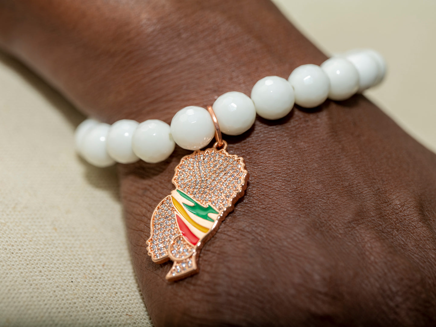 White Agate Stretch Bracelet with Pave Lady Charm