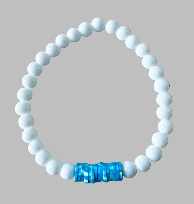 White Agate Stretch Bracelet with Blue and Green Vinyl Beads