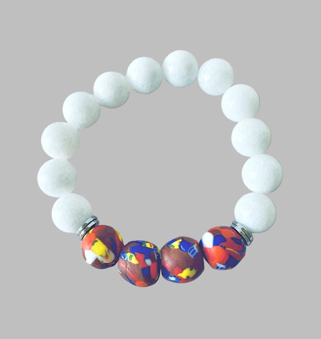 White Agate Stretch Bracelet Accented with Multicolored Glass Beads