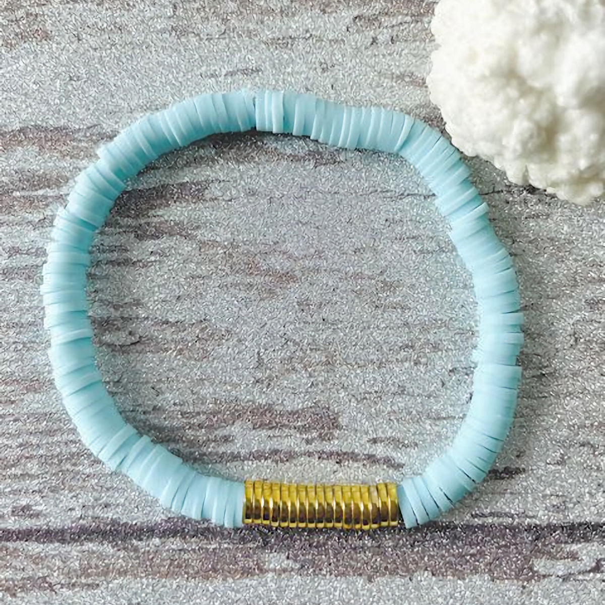 Light Blue Heishi Stretch Bracelet with Gold Hematite Disc