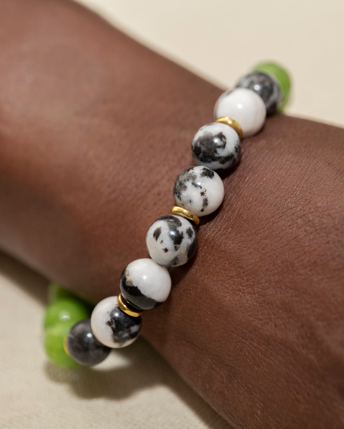 Faceted Green Jade Stretch Bracelet with Zebra Jasper Beads