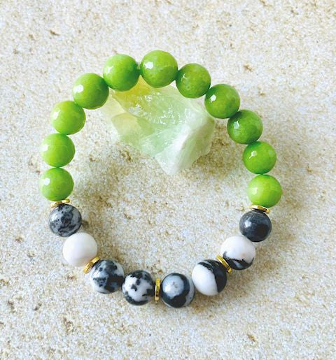 Faceted Green Jade Stretch Bracelet with Zebra Jasper Beads