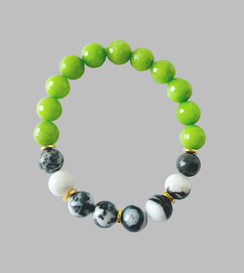 Faceted Green Jade Stretch Bracelet with Zebra Jasper Beads