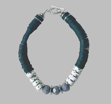 Black, Gray, and White Heishi Bracelet Accented with Faceted Gray Beads