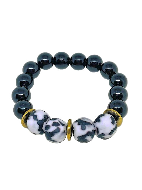 Stretch Bracelet with Combo Black Onyx Plus White and Black Glass Beads