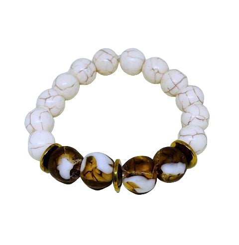 Natural Cream Howlite Bracelet with Brown and White Glass Beads