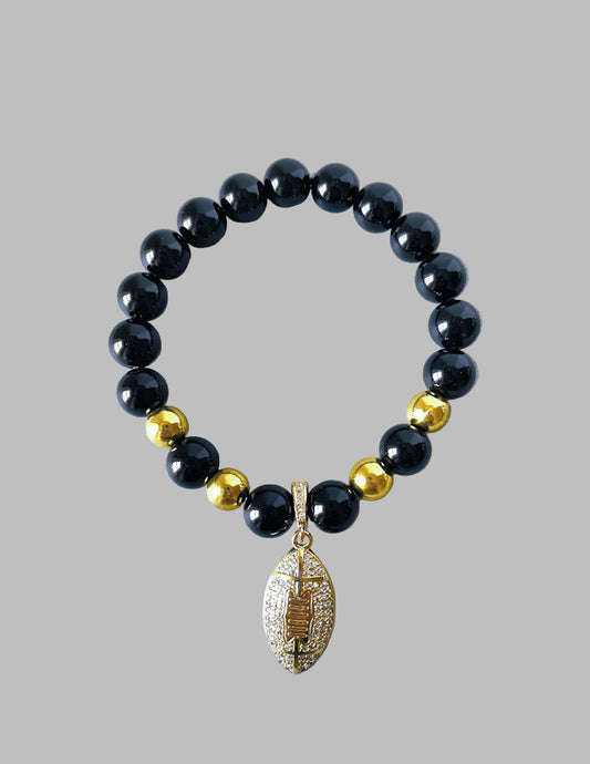 Black Onyx and Gold Hematite Football Charm Stretch Bracelet