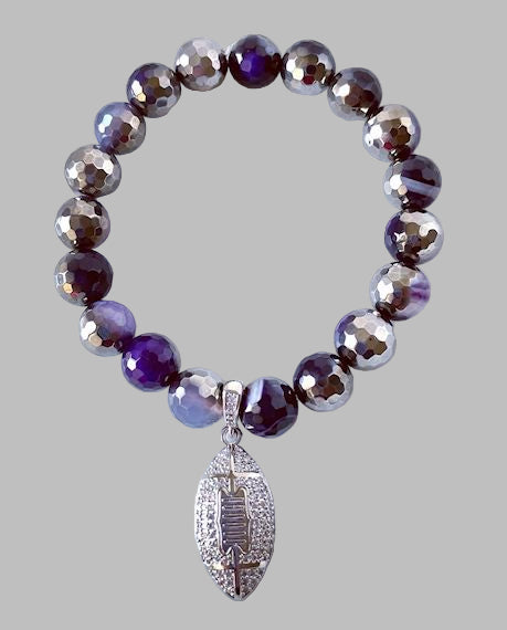 Plated Purple Striped Agate with Pave Silver Football Charm