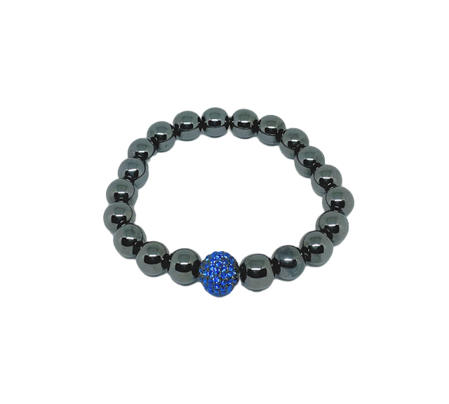 Dark Gray Hematite Stretch Bracelet with Royal Blue Crystal Bead