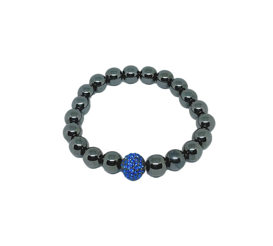 Dark Gray Hematite Stretch Bracelet with Royal Blue Crystal Bead