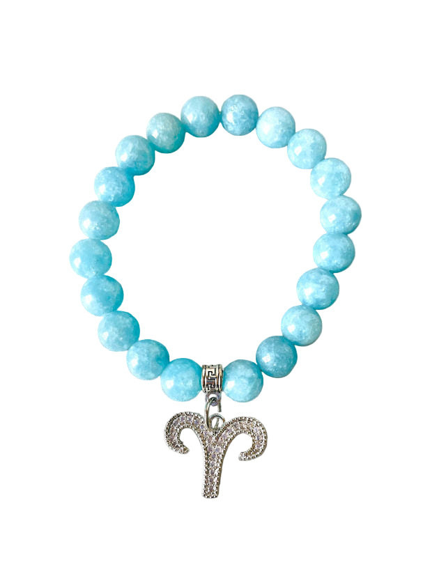 Aquamarine Stretch Bracelet with Aries Zodiac Charm