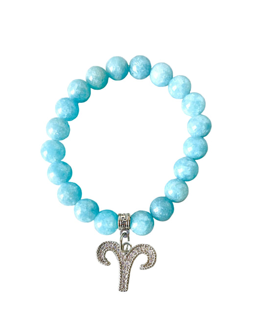 Aquamarine Stretch Bracelet with Aries Zodiac Charm