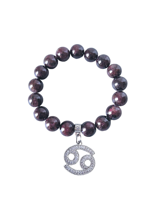 Ruby Beaded Stretch Bracelet with Cancer Zodiac Charm
