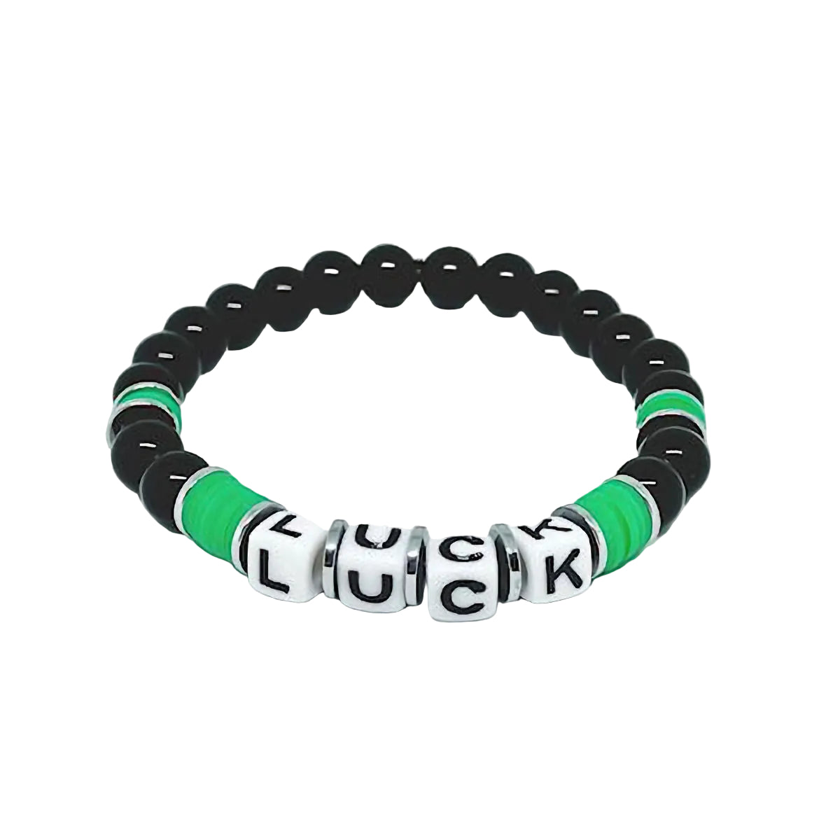 Black Onyx 'LUCK' Word Bracelet with Green Vinyl Heishi Spacers