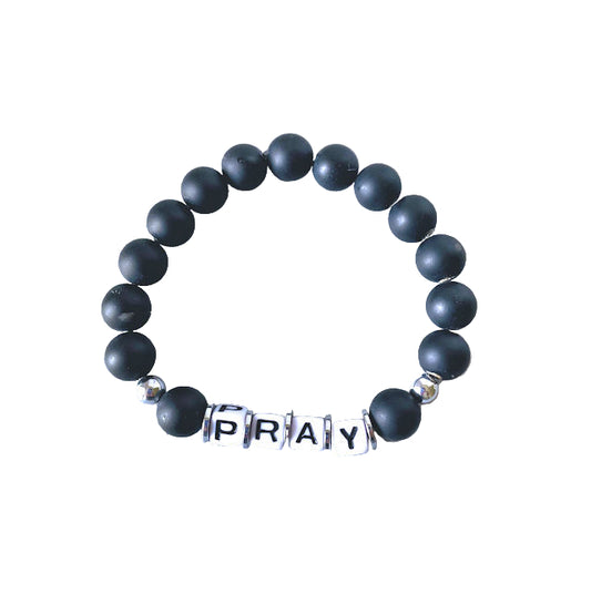 Spiritual Resonance: Matte Black Onyx Stretch Bracelet with 'PRAY' Inspiration