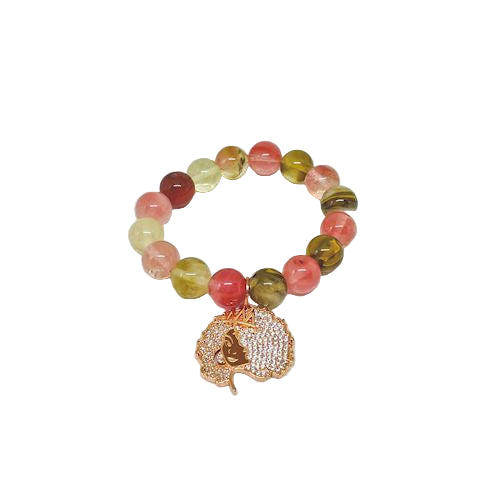 Cherry Quartz Stretch Bracelet with Pave Afro Queen Charm