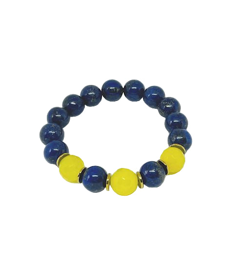 Dyed Blue Lapis Stretch Bracelet with Faceted Yellow Jade Beads