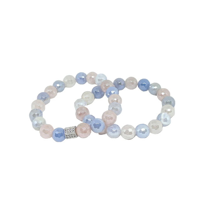 Faceted Pastel Agate Stretch Bracelet Set with Pave Silver Spacer