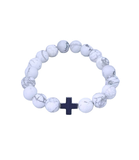 Matte Black and White Howlite Stretch Bracelet with Hematite Cross