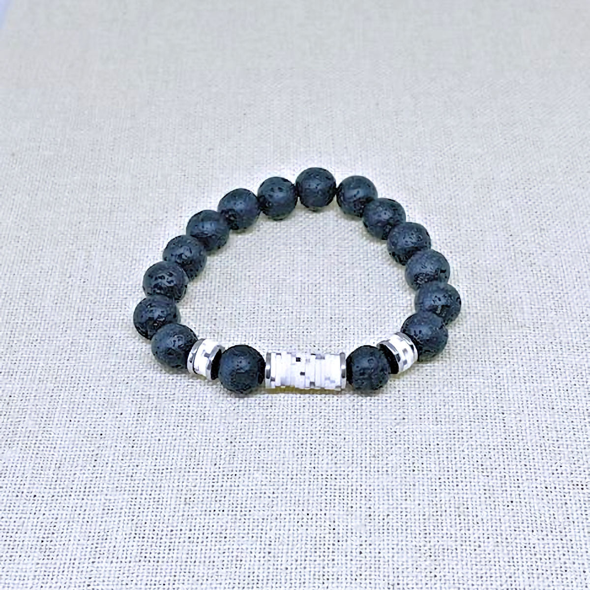 Black Lava Stretch Bracelet Accented with Black, Gray and White Vinyl Spacers