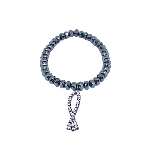 Rondelle Dark Gray Hematite Stretch Bracelet with Pave Ichthys Symbol Charm