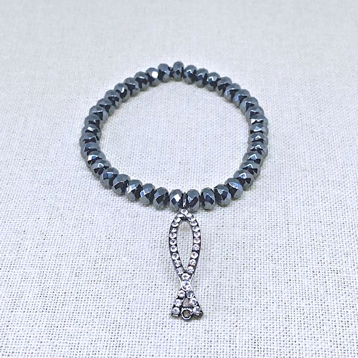 Rondelle Dark Gray Hematite Stretch Bracelet with Pave Ichthys Symbol Charm