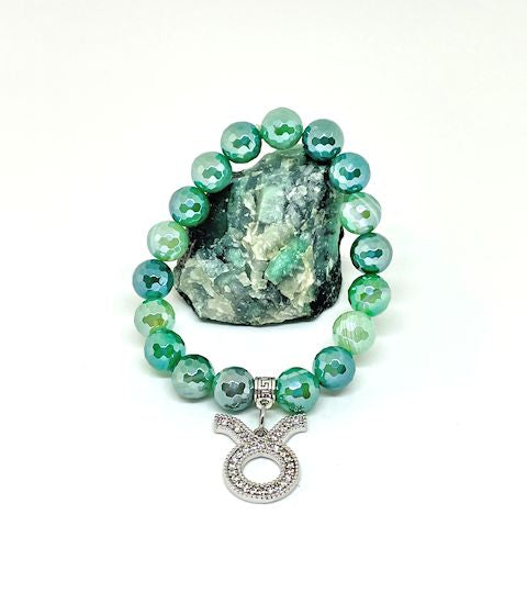 Faceted Striped Green Agate Stretch Bracelet with Taurus Zodiac Charm