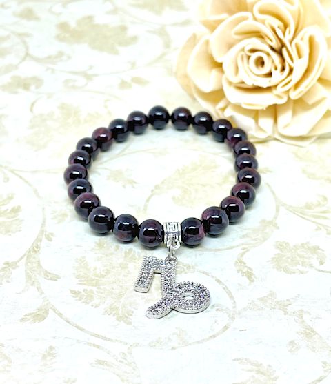 Garnet Stretch Bracelet with Capricorn Zodiac Pave Charm