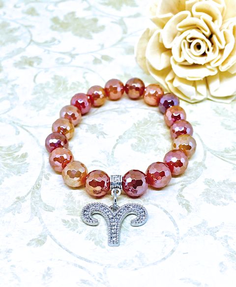 Red Mixed Electroplated Stretch Bracelet with Aries Zodiac Charm