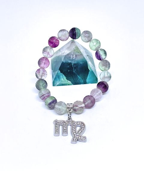 Natural Multicolor Fluorite Stretch Bracelet with Virgo Charm