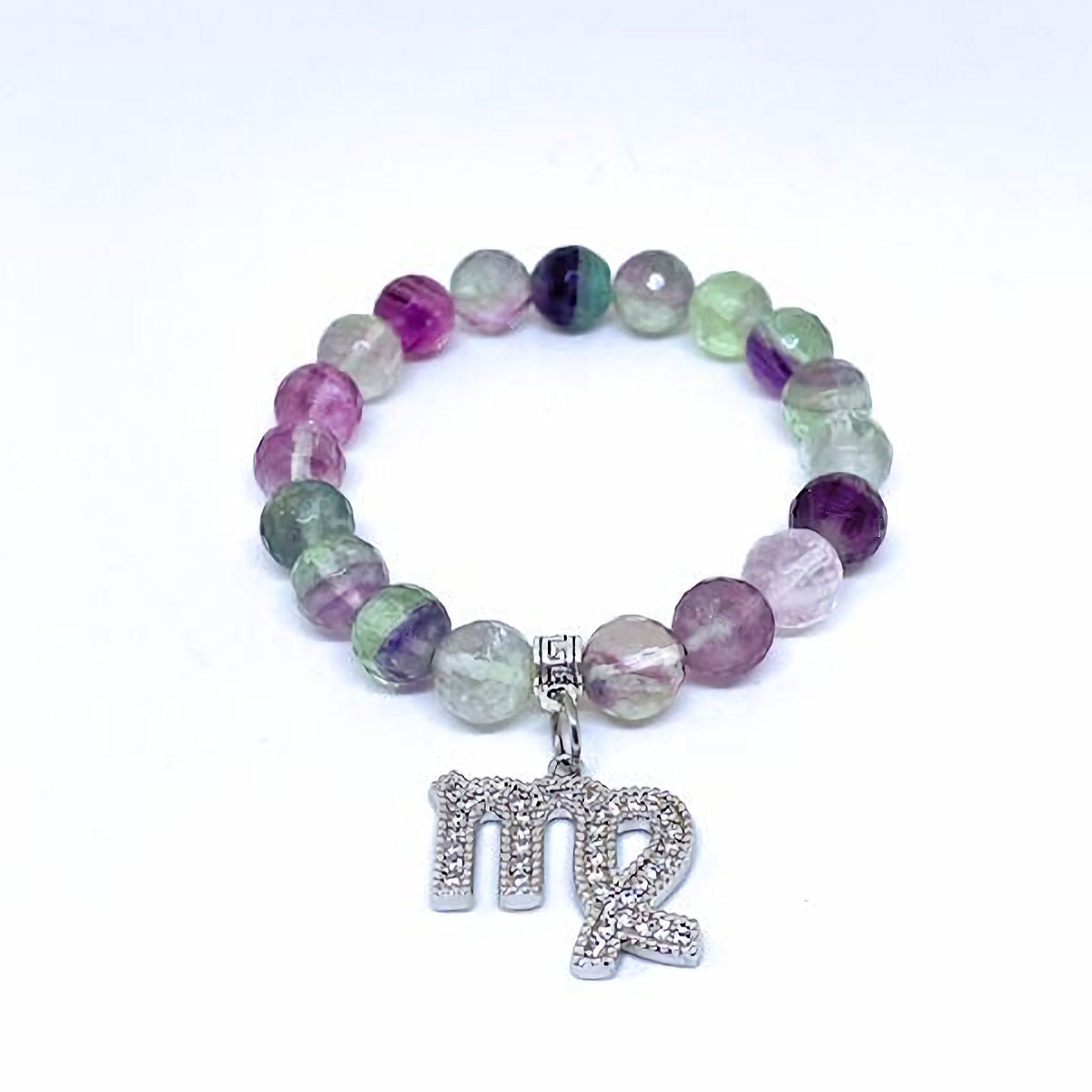 Natural Multicolor Fluorite Stretch Bracelet with Virgo Charm