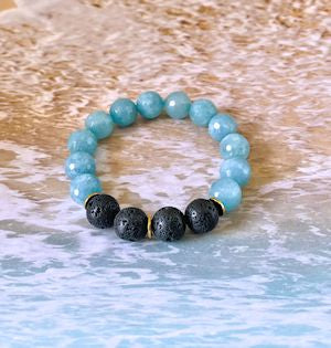 Ocean Breeze Aquamarine Stretch Bracelet with Black Lava Beads