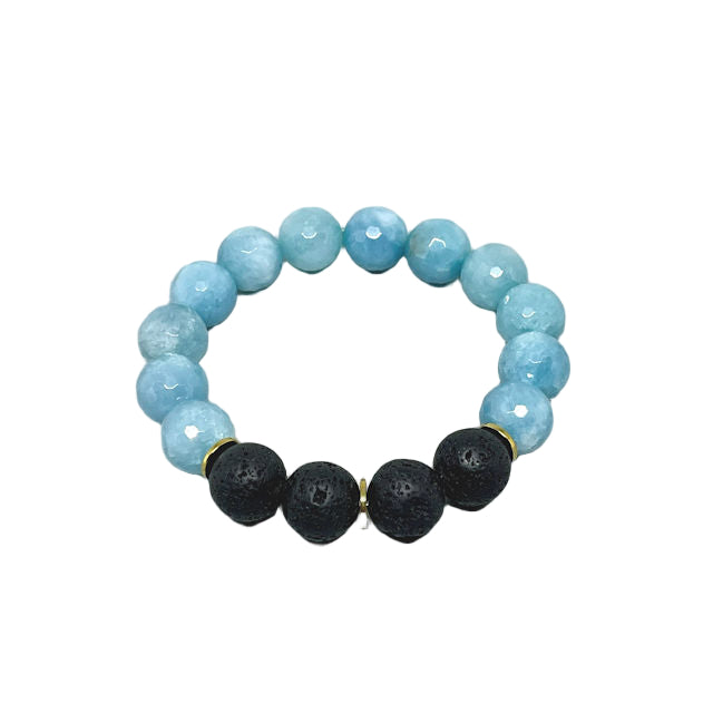 Ocean Breeze Aquamarine Stretch Bracelet with Black Lava Beads